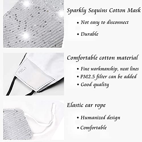 Image of Sparkly Sequins Mouth Masc Fashion Designer Glitter Cotton Face Cover With Adjustable Ear Loops Reusable Masquerade Party Nightclub Rave Festival Sequins Face Covering (Silver)