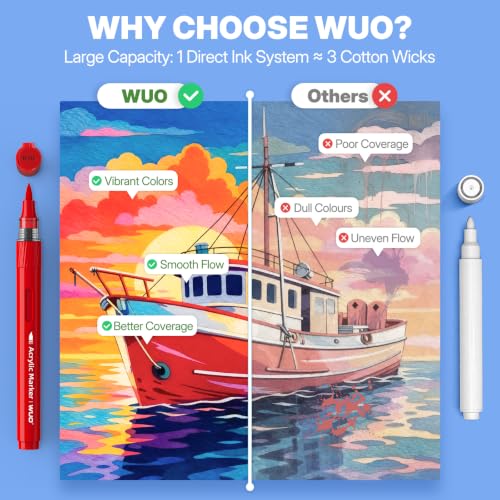 Image of WUO 60 Colors Acrylic Paint Markers Brush Tip with Automatic Ink Control | Water-based, no-bleed, waterproof acrylic paint pens for rock, wood, canvas, glass, ceramic, fabric and DIY crafts