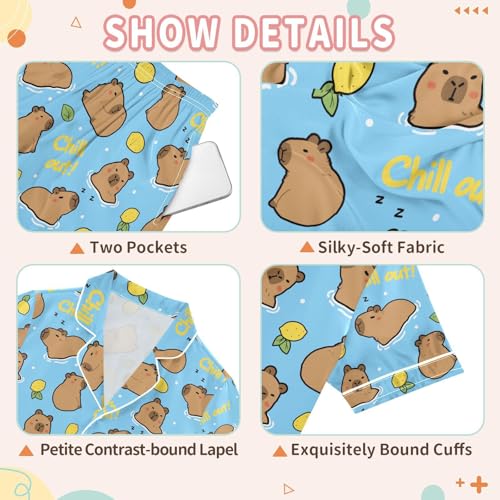 senya Chill Out Capybara with Lemon Satin Summer Pajama Sets Silk Short Sleeve Button Down Sleepwear3