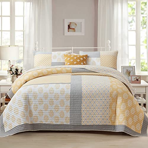 Edredón individual de algodón reversible amarillo blanco gris funda 2