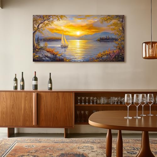 crmotu Sunset Wall Art, Lake Art Wall Decor, Mountain Wall Art, Sailboat Landscape Large Artwork, Cozy Country Paintings Wall Decor Living Room Bedroom Farmhouse Office Art Prints 24x48inch