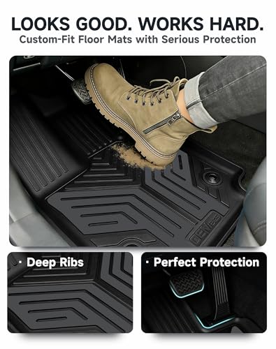 Image of Premium Color TPE Floor Mats Custom Fit for Toyota RAV4 2019-2025 (Only for Hybrid)| Titan Gray Wing Design | All-Weather Heavy Duty Car Floor Liners Full Set 1st & 2nd Row