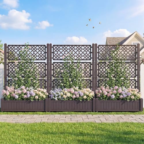 FANTASK Pflanzkasten mit Spalier, 80 x 40 x 140cm, Blumenkasten mit Wasserstandsanzeiger & Abflusslöchern, Blumenkübel mit Rankgitter und Rollen, Blumenkübel für Garten Balkon, PP (Braun)