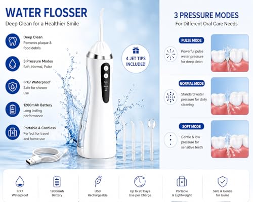 Image of Portable Water Flosser for Teeth Cleaning | Cordless Oral Irrigator with 3 Pressure Modes, 4 Jet Tips, 200ml Water Tank, IPX7 Waterproof, Rechargeable Dental Cleaner for Travel & Home