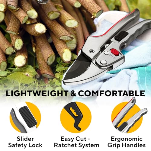 Image of Ratchet Pruning Shears for Gardening Heavy Duty - Increases Cutting Power 3x - Perfect Ratchet Pruners for Weak Hands & Arthritis - 8 inch Anvil Garden Clippers - Sharp Blade for Effortless Cutting - Red