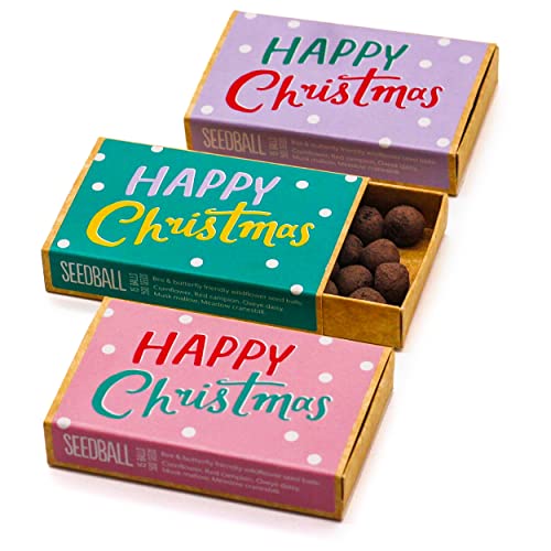 SEEDBALL Happy Christmas Wildflower Seed Bombs Stocking Fillers Gift | Eco-Friendly British Wild Flower Seed Mix for Bees & Garden Wildlife - Cute Gardening Gift (Large Pack of 3, 15 Balls Per Box)