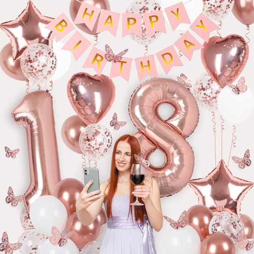 Image of Rose Gold 18th Birthday Decorations for Girl Women, 18 Year Old Sign with Happy Birthday Banner, 40In Number 18 Foil Birthday Balloons, Butterfly Decorations, Heart and Star Balloons