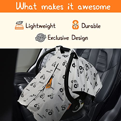 Image of Dear Baby Gear Car Seat Cover for Boys & Girls - Baby Carseat Canopy w /Snap Opening - Infant Seat Cover - Nursing Covers - Newborn Carrier Canopy - 40x30 inch (Black and Gray Farm Tractors & Fence)