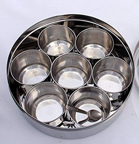 King International Stainless Steel Indian Spice Box, Indian See Through Masala Dabba, Masala Box,Steel Masala Dabba, Indian Spice Container, With 7 Spice Containers Size 20 X 20 X 8 Cm, Set Of 9 #TOP6