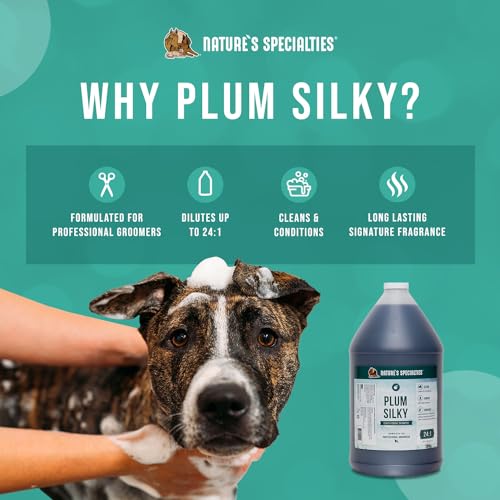 Image of Nature's Specialties Plum Silky Ultra Concentrated Dog Shampoo Conditioner, Makes up to 24 Gallons, Natural Choice for Professional Pet Groomers, Silk Proteins, Made in USA, 1 gal