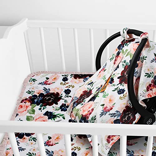 Image of Dear Baby Gear Car Seat Cover for Boys & Girls - Baby Carseat Canopy w /Snap Opening - Infant Seat Cover - Stroller & Nursing Covers - Newborn Carrier Canopy- 40x30 inch (Burgundy & Navy Floral on Blush)