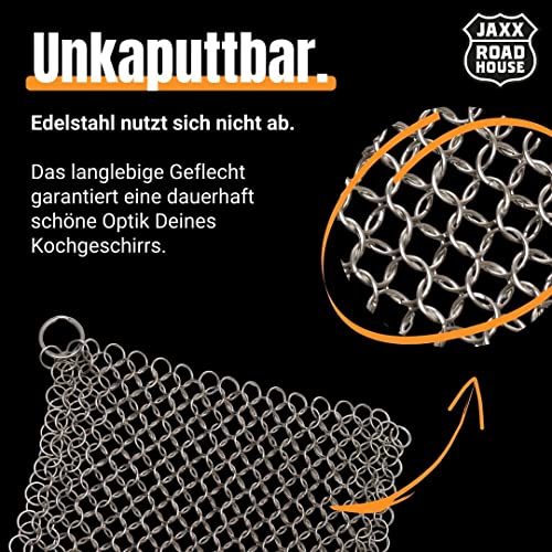 JAXX ROADHOUSE Topfreiniger Edelstahl aus Softmesh für Töpfe, Grill und Hände | Ringreiniger Dutch Oven | Spülmaschinengeeignet | Flexibler Gusseisen Reiniger | Langlebige Gusseisen Pflege