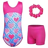 XFGIRLS Girls Gymnastics Leotards Sparkle 2 Piece Activewear Sleeveless Ballet Dance Athletic Leotards with Short Set Blue Heart Size 5-6