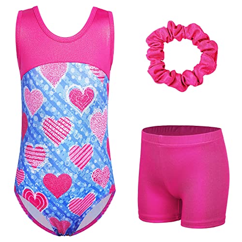 XFGIRLS Girls Gymnastics Leotards Sparkle 2 Piece Activewear Sleeveless Ballet Dance Athletic Leotards with Short Set Blue Heart Size 5-6