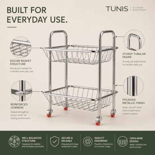 Image of TUNIS Tier Stainless Steel Kitchen Storage Trolley with Wheels | Multipurpose Vegetable & Fruit Rack Organizer | Movable Storage Cart for Kitchen, Pantry & Home (Open Wire Trolley, 2 Tier)