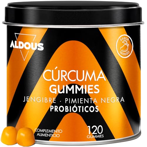 Cúrcuma con Jengibre y Pimienta Negra + PROBIÓTICOS - 2500 mg - 120 Gominolas - Sabor Natural a Mango y Jengibre Picante - Antioxidante y Antiinflamatorio Natural - Fuente de Curcumina y Piperina