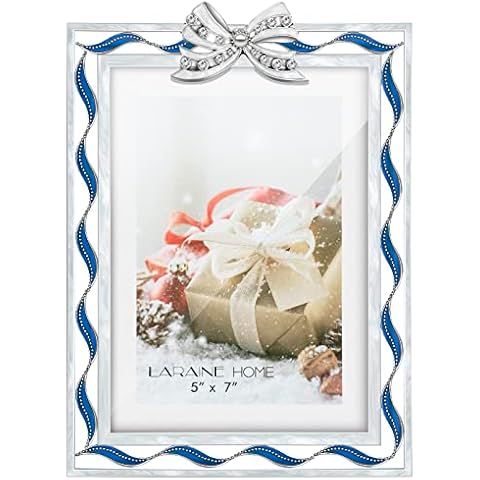 LARAINE Picture Photo Frame 5x7 Metal Ribbon Bow Rhinestones High Definition Glass Display Pictures for Tabletop Home Decorative Holiday Gift (Blue) Cover