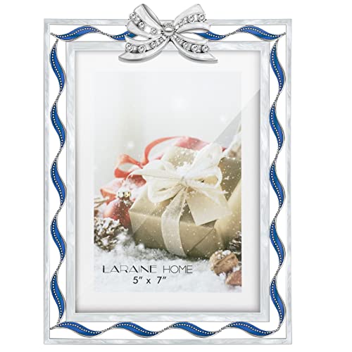 Laraine Picture Photo Frame 5X7 Metal Ribbon Bow Rhinestones High Definition Glass Display Pictures For Tabletop Home Decorative Holiday Gift (Blue) #TOP4
