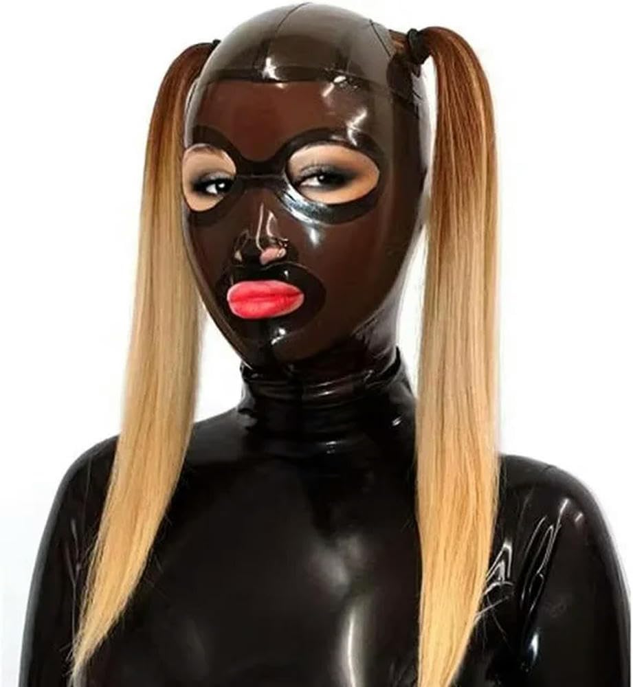 100% Latex Hood Mask Holiday Rubber Open Double Holed Ponytail Latex Mask （without hair