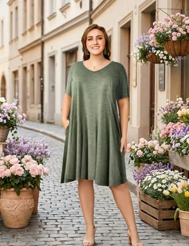 Image of OVERWORETY Womens Short Sleeve Plus Size T-Shirt Dress V Neck Casual Loose Swing A-Line Summer Tunic Dresses with Pockets