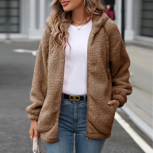 Womens Fleece Jacket Fall Winter Full Zip Sherpa Coat with Hood S-5XL4