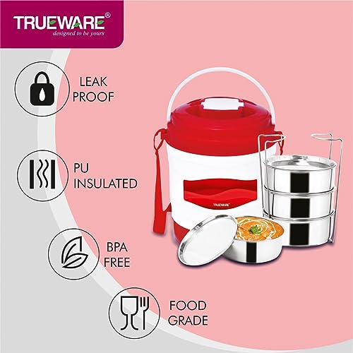 Image of Trueware Marina 4 Lunch Box with 4 Steel Container, 300 ml X 4 Red | PU Insulated | Tiffin | Hot Lunch Box | Leak Proof | Easy to Carry | Food Grade | BPA Free | Office | Outdoors | for Men Women