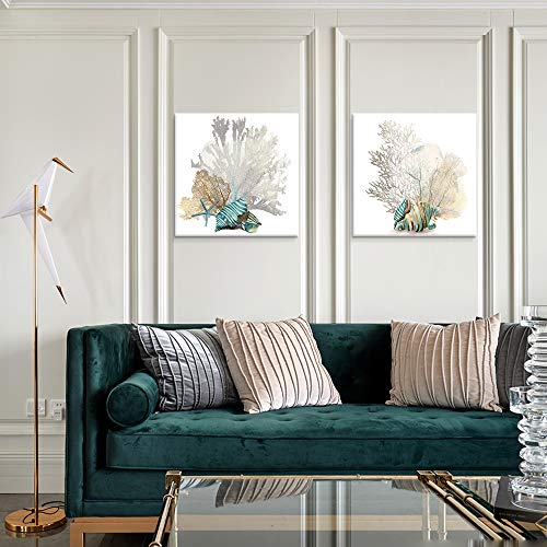 Japo Art White Coral Wall Art Modern Teal Seashell Beach Prints Sea Fan Corals Painting Artwork Abstract Coastal For Bathroom Office Home Decor Ready To Hang 16X16Inchx2Pcs #TOP4