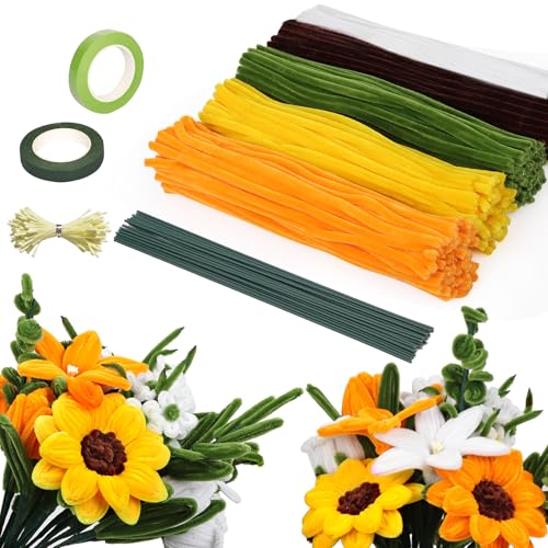 320 Pièces Fil Chenille Jaune Vert, Cure-Pipe Chenille Tournesol, Pipe Cleaners Kit Fleur 30cm, avec Floratape et Tige Fleur, pour Fournitures de Bouquet de Loisirs Créatifs Artisanat Décoration DIY