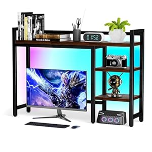 Desk Hutch, 4 Tier Desktop Shelf with 16 Colors RGB Light Strip, 38.5″ Desk Organizer Shelf for Max 28″ Computer Monitor, Wooden Desktop Bookshelf for Home Office Dorm Kitchen Gaming Table