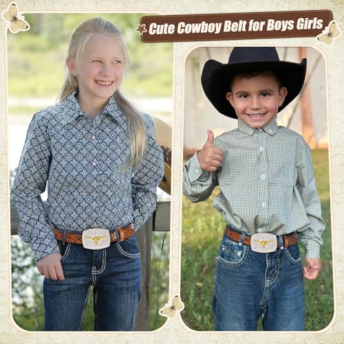 Boys Girls Western Belt with 2.4" Width Longhorn Bull Horse Buckle, Kids Cowboy Cowgirl Genuine Leather Belt4