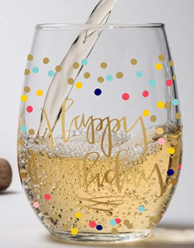 14K Gold Leaf Happy Birthday Colored Party Dots 19Oz Stemless Wine Glass By Fine Occasion #TOP4