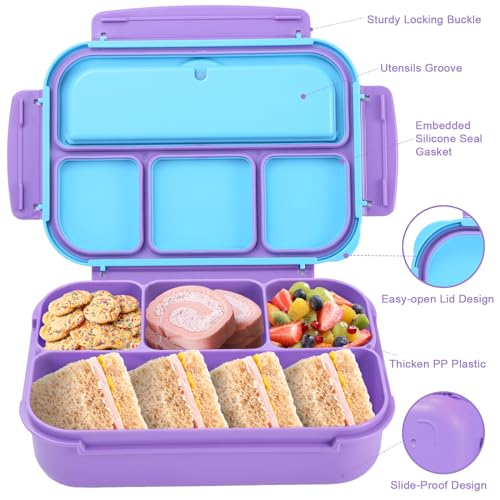 Image of shell and turtle Bento Box for Kids Girls Boys, Bento Box Adult Lunch Box with 4 Compartments, Lunch Containers with Utensils, Sauce Jar, Muffin Liners for School, 40 Oz /5 Cup, Purple