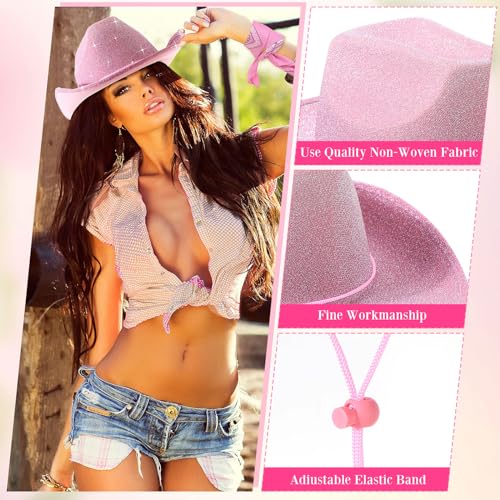 Image of Coume 12 Pcs Sparkly Adults Cowboy Hat and Bandanas Women Men Western Glitter Cowgirl Party Hats with Adjustable Drawstring