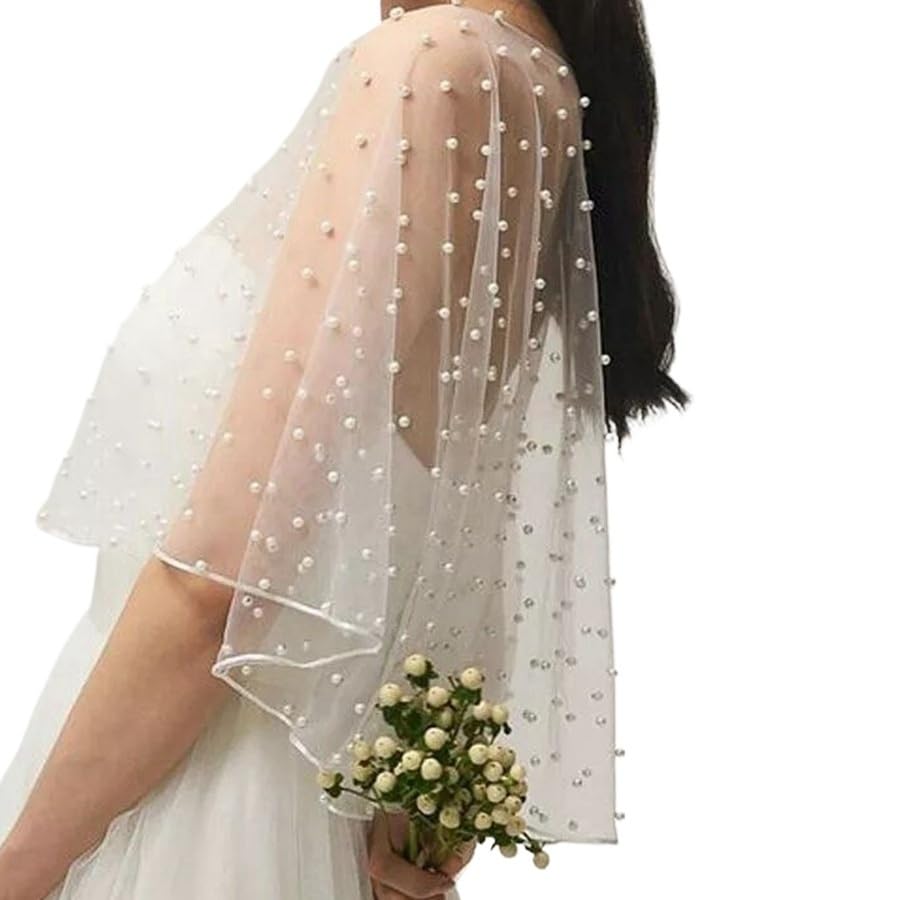 AHIOJEGX Etole Mariage Blanc ivoire femmes mariage mariée châle Wrap Capelet perles veste boléro Tulle Cape(Ivory)