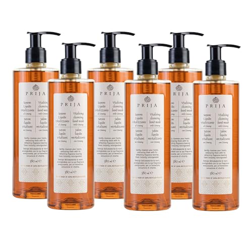 Prija Vitalisierende Handwäsche mit Ginseng-Extrakt, reinigt sanft die Hände, feuchtigkeitsspendende Flüssigseife, veganfreundlich, mit belebendem Duft, 6 x 380 ml