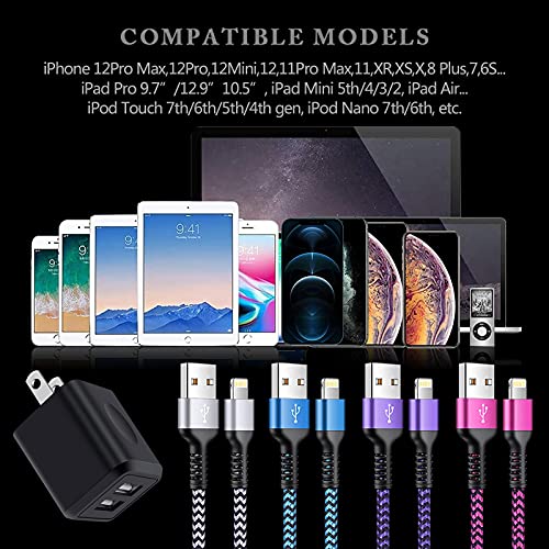 iPhone Charger[4+2Pack], USB Cable Fast Charging Braided Multi Color Long Cord with Dual Port USB Plug Wall Charger Adapter for iPhone 14 13 12 Pro Max/SE/11 Pro Max/XS/XR/X/8/7 Plus/6s/6, iPad Air - Thumbnail 2