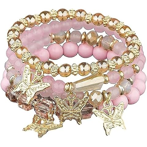 Azusa Sun 4 Pcs Cute Butterfly Charm Pink Bracelets Set Gold Beaded Stackable Stretch Bracelets Bohemian Summer Jewelry Gifts for Women Cover