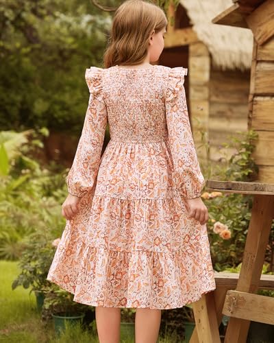 GRACE KARIN Girls Long Sleeve Fall Floral Dress Ruffle Round Neck Smocked Layered Hem3
