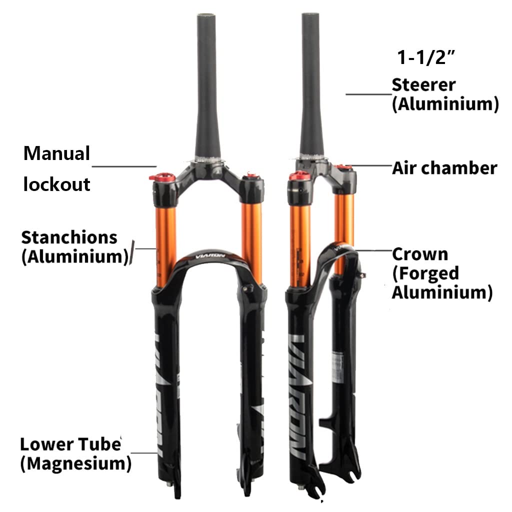 MTB widelec 26/27,5/29" zawieszenie pneumatyczne 1-1/2" stożkowa rura górska 100 mm sprężyna hamulec tarczowy szybkomocujący 9 mm ręczna blokada XC/AM/FR rower przód