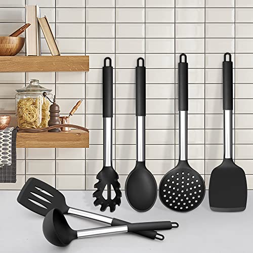 Foto von Herogo Küchenhelfer Set, 9 Stück Silikon Kochutensilien Kochbesteck Set mit Utensilienhalter, Schwarz Küchenutensilien Pfannenwender Set mit Edelstahlgriff, Hitzebeständiger & Antihaft