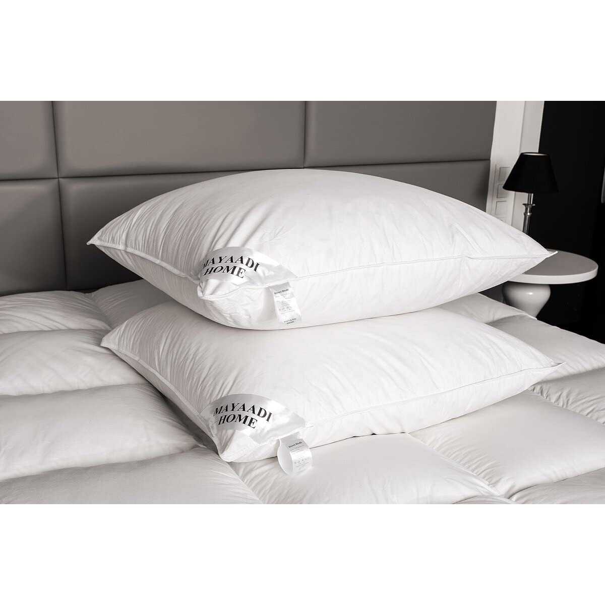 Mayaadi-Home MA17 Hoofdkussen met 3 compartimenten, 80 x 80 cm, 1600 gram, donskussen, kussen, ganzendons veren, overtrek, 100% katoen, draagtas, mensen met allergieën, EU