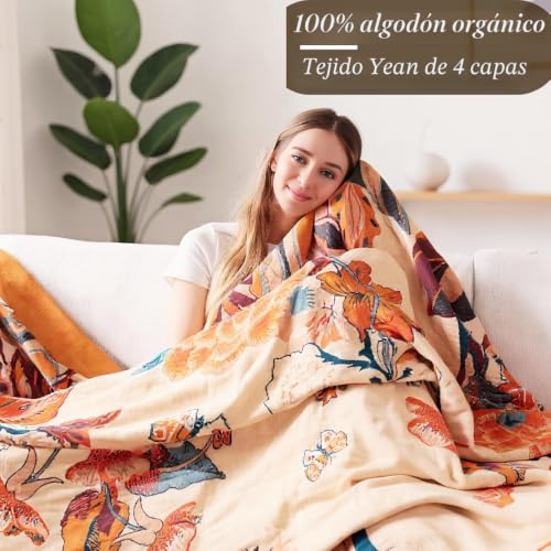 Edredón Bohemio de Algodón Orgánico 230x250cm Colcha Suave Beige para Sofá Cama 6
