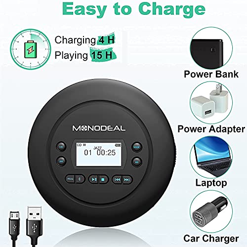 CD Player Portable, MONODEAL Bluetooth CD Player, Rechargeable Compact Small Player with Headphones for Car and Personal Use - Thumbnail 7