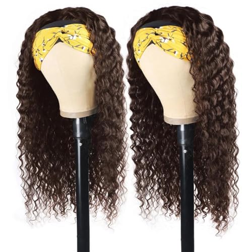 Image of WENYAN Chocolate Brown Headband Wig Human Hair Deep Wave 18 Inch Curly Wigs | Glueless None Lace Front Curly Half Wigs for Black Women,Brazilian Virgin Hair Wear and Go Wig,Machine Made,150% Density