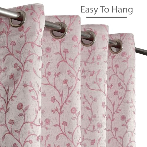 Image of FRESH FROM LOOM Heavy Jari Jacquard Premium Luxury Semi Blackout Curtain 8 Feet Long Door & Window | Double Stitch | Eyelet Ring | Floral Print | Anti-Shrink Parda (8ft, Pink, 2pc)