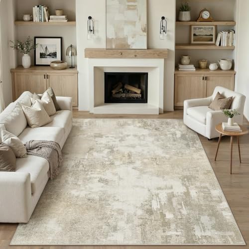 PureCozy Beige Abstraktes Teppich Wohnzimmer 200x300cm rutschfest Kurzflor Kunstwolle Schlafzimmer Teppich Waschbar Minimalistisch Bettvorleger Teppiche für Wohnzimmer Schlafzimmer Bereich Dekor