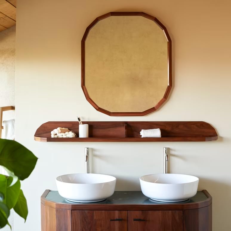 Image of 3 Years Warranty Sheesham Wood Wall Shelf for Bathroom & Living Room | Floating Wall Mounted Shelf with Back Panel & Section Divider Design | Long Display Rack for Toiletries Decor Plants| Rosewood