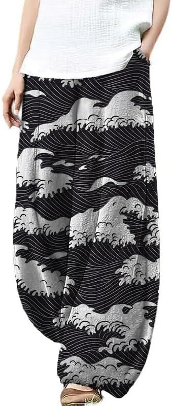 Japanese Artistic Pattern Wide Leg Pants for Women Waist Elastic Lounge Lantern Trousers with Pockets