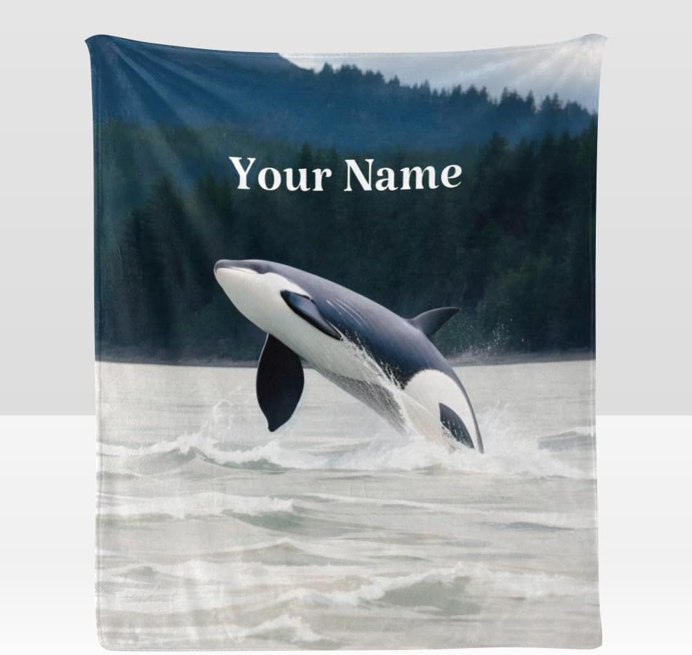Custom Blanket with Name Text,Personalized Jumping Killer Whale Super Soft Fleece Throw Blanket for Couch Sofa Bed (50 X 60 inches)