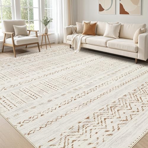 cotiled 8x10 Area Rug Living Room: Washable Boho Rugs with Non Slip Backing Large Soft Indoor Stain Resistant Carpet for Bedroom Farmhouse Dining Room Lightweight Home Decor Brown/Cream